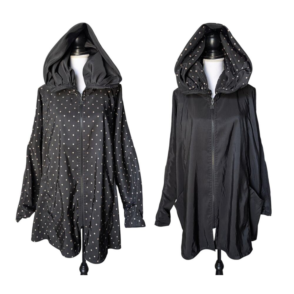 Mycra Pac Black Cream Polka Dot Rain Coat Size 2 M/L Hooded Reversible Full Zip